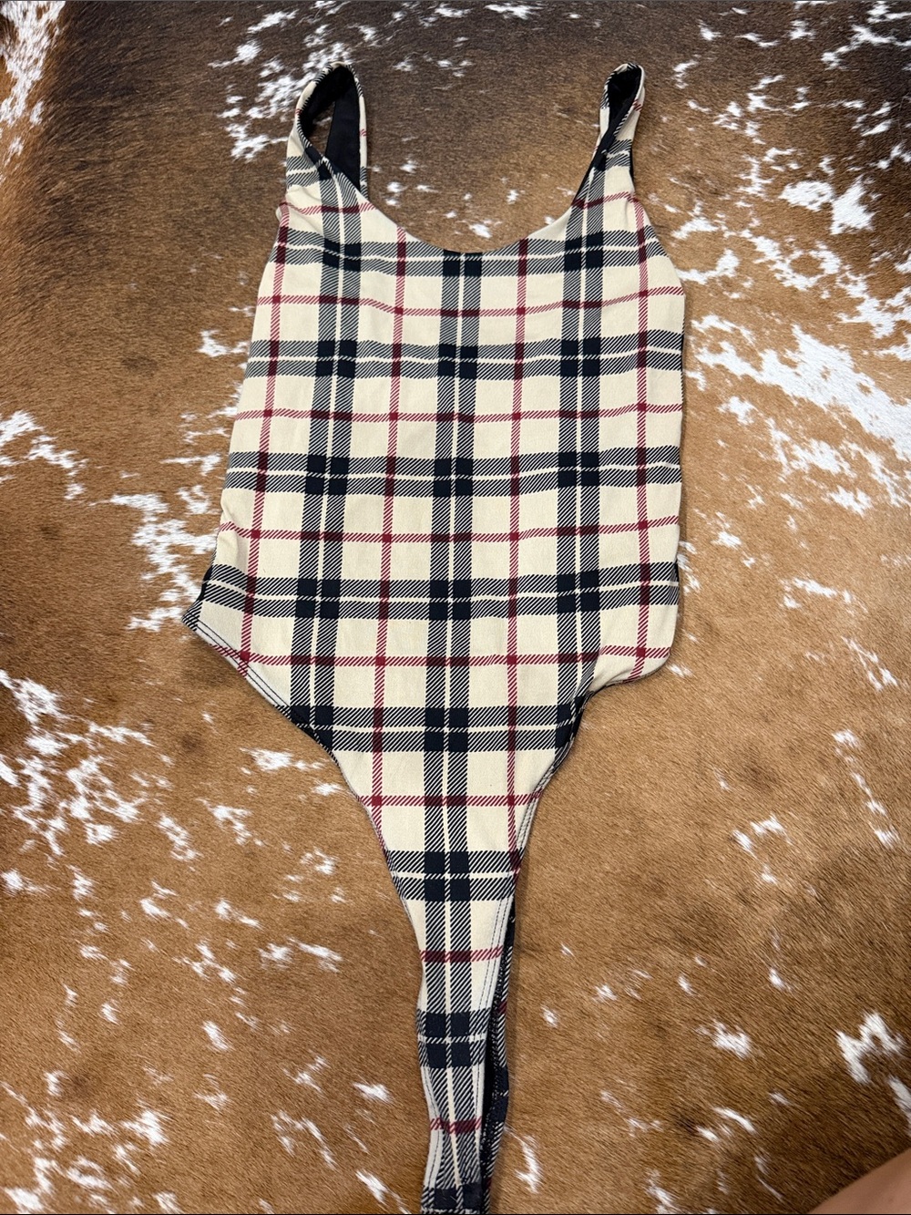 Gianni Bini Cream Plaid Scoop Neck Bodysuit with Black and Red Check